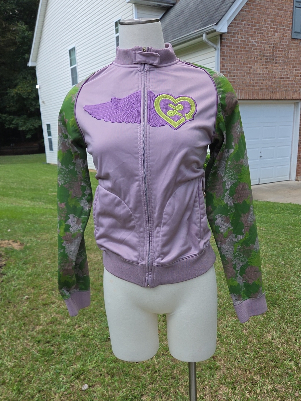 Women’s Lavender Purple Track Jacket with Green Camo Sleeves